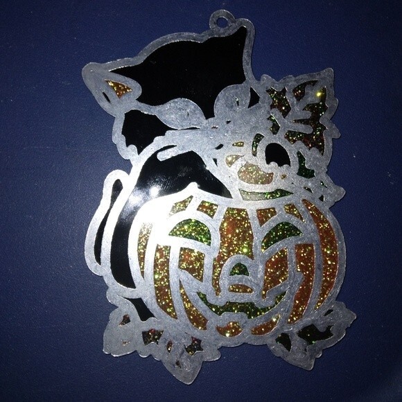 Vintage cat and jack o lantern sun catcher kitten pumpkin Halloween metal - Picture 4 of 5